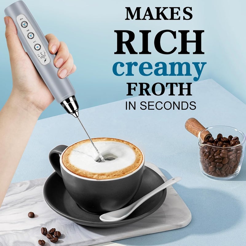 BSRGMS Milk Frother Handheld for Coffee, Electric Whisk 3 Speed Adjustable, Drink Mixer with Stainless 3 Whisks, Rechargeable Hand Frother Wand, for Latte Cappuccino Hot Chocolate Egg Cement Gray - Image 5